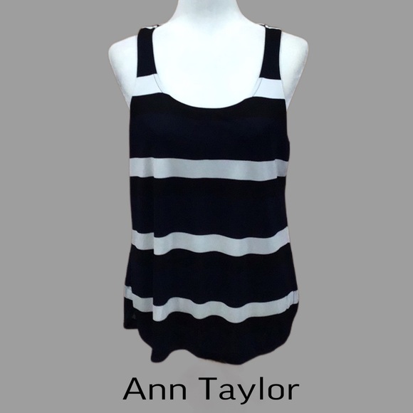 Ann Taylor Striped Tank Blouse, Blue/Black/White, Back Zipper, Size Petite Large - Picture 1 of 7
